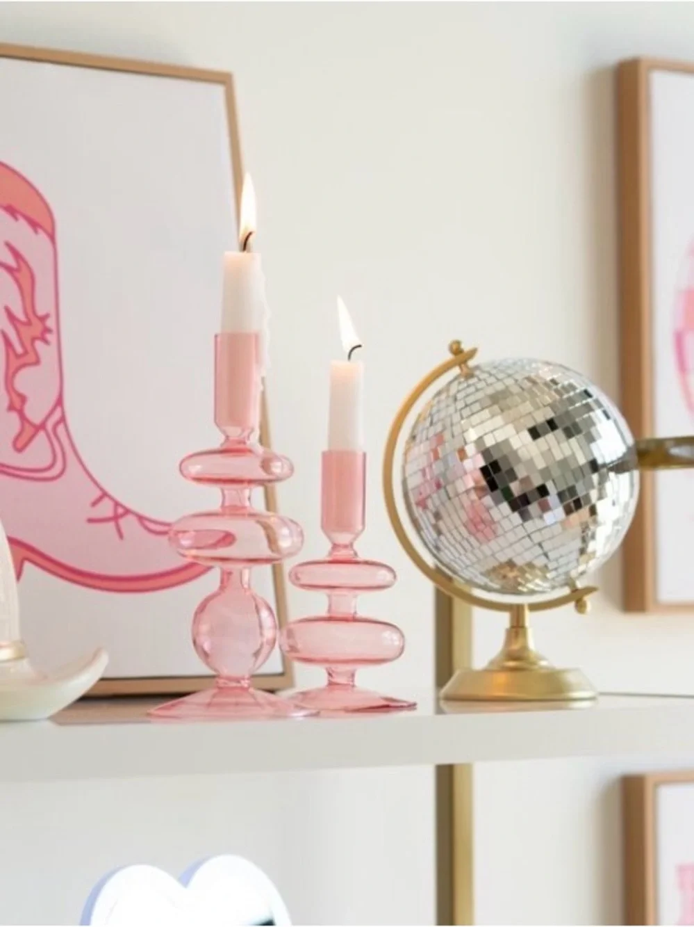 19 Pink Glass bubble shaped taper Candle Holders